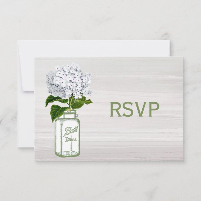Chic Mason Jar & White Hydrangea RSVP Card (Front)