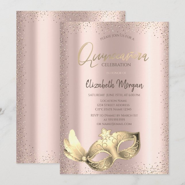 Chic Masque,Confetti Rose Gold Quinceañera Invitation (Front/Back)