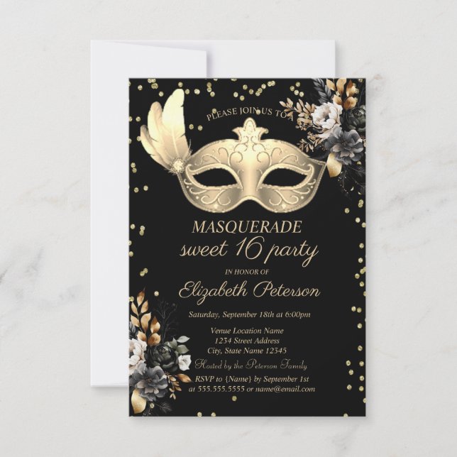  Chic Masque Diamonds Black Roses Sweet 16   Invitation (Front)