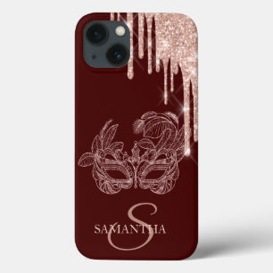 Chic Masque Rose Gold Glitter Drips Burgundy iPhone 13 Case