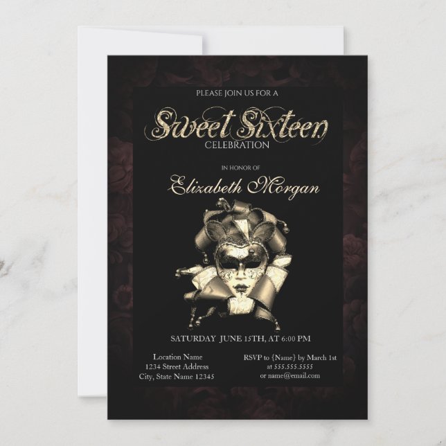 Chic Masque Roses Black Sweet 16 Invitation (Front)
