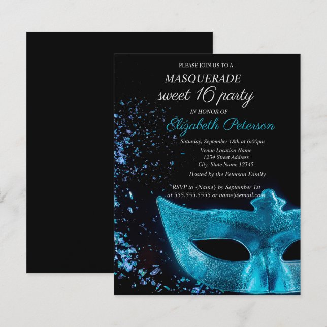 Chic Masquerade Blue Masque Black Sweet 16 Invitation (Front/Back)