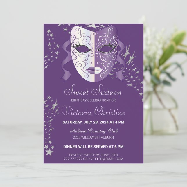 Chic Masquerade Carnival Birthday Invitation (Standing Front)
