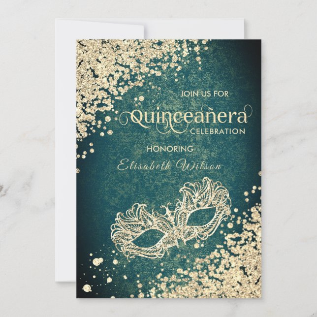Chic  Masquerade diamond luxury Quinceañera green Invitation (Front)