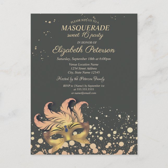Chic Masquerade,Dots, Masque Sweet 16 Invitation Postcard (Front)