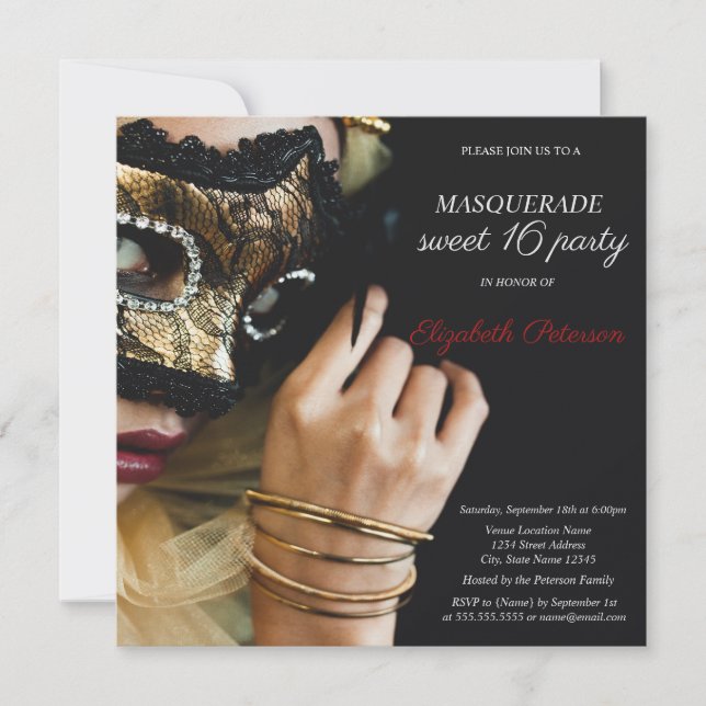Chic Masquerade Girl Masque Black Sweet 16 Invitation (Front)