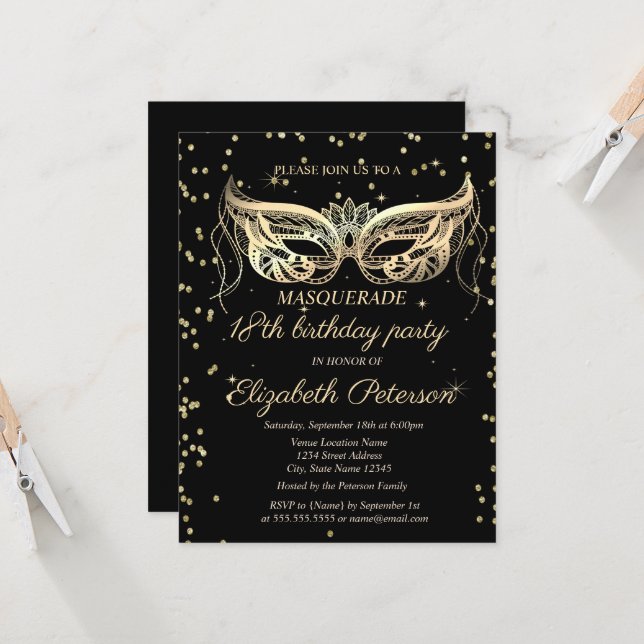 Chic Masquerade Gold Diamonds 18th Birthday Invitation (Front/Back In Situ)