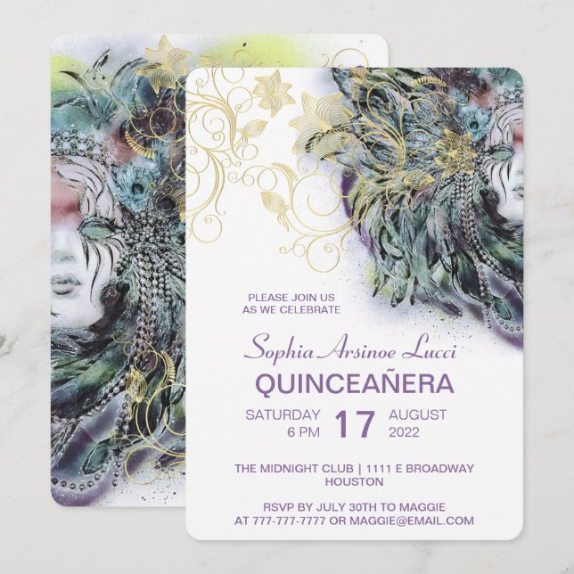 Chic Masquerade Gold Quinceañera Party Invitation (Front/Back)