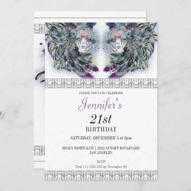 Chic Masquerade Masks Birthday Invitation (Front/Back)