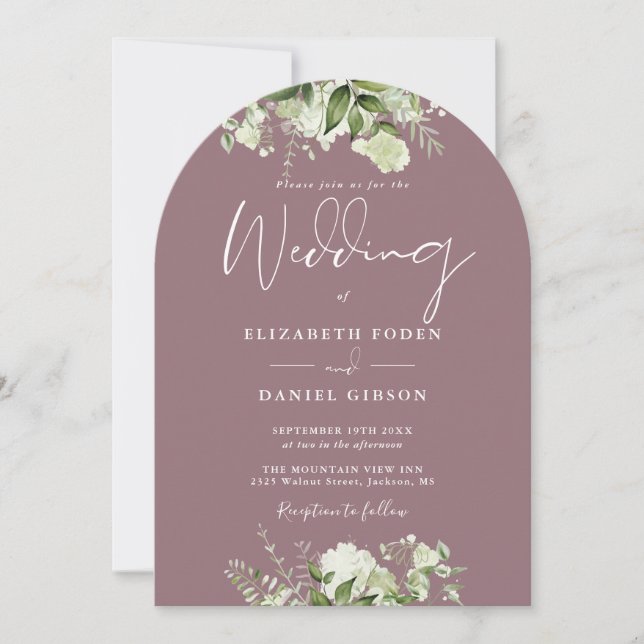 Chic Mauve Greenery Floral QR Code Wedding Arch Invitation (Front)