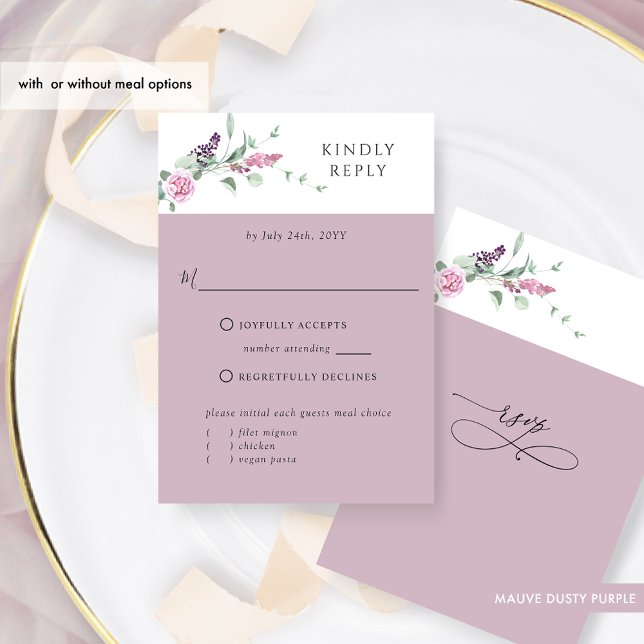 Chic Mauve Pastel Floral With or Without Meals  RSVP Card (Creator Uploaded)