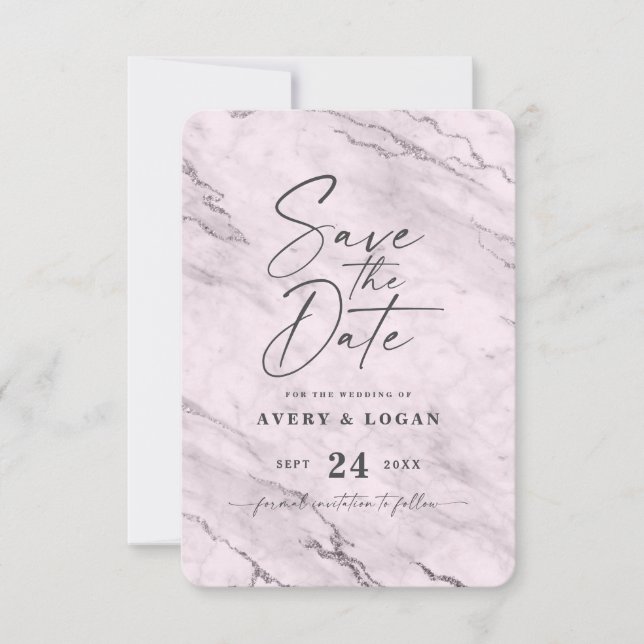 Chic Mauve Pink Marble with Purple Foil Details Save The Date (Front)