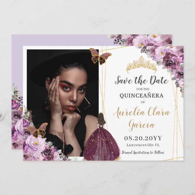 Chic Mauve Plum Purple Floral Quinceañera Photo Sa Save The Date (Front/Back)
