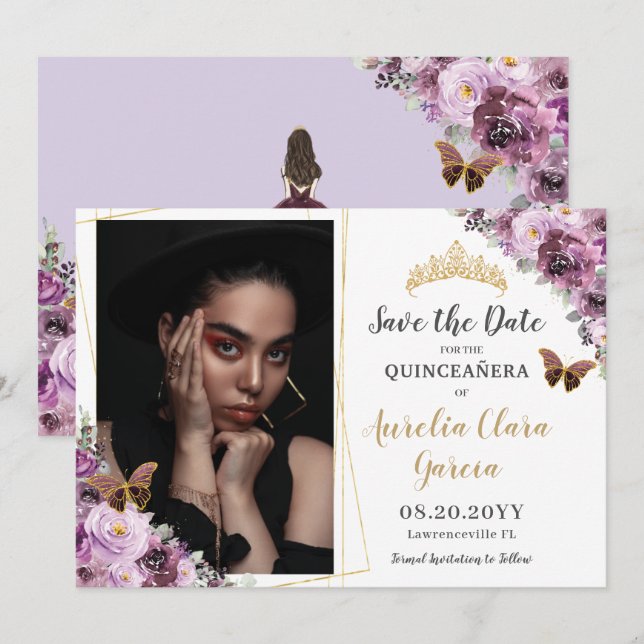 Chic Mauve Plum Purple Floral Quinceañera Photo Save The Date (Front/Back)