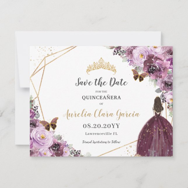 Chic Mauve Plum Purple Floral Tiara Quinceañera  Save The Date (Front)