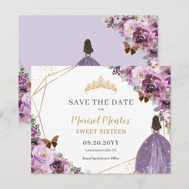 Chic Mauve Plum Purple Floral Tiara Sweet Sixteen  Save The Date (Front/Back)