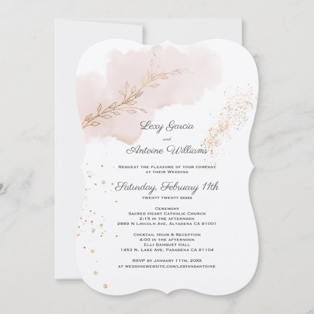 Chic Mauve Wash Gold Leaves Gold Dust Wedding Invitation (Front)