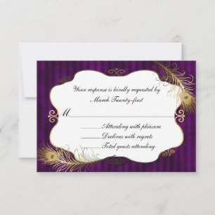 Chic Mave & Golden Peacock Feather Wedding RSVP Card
