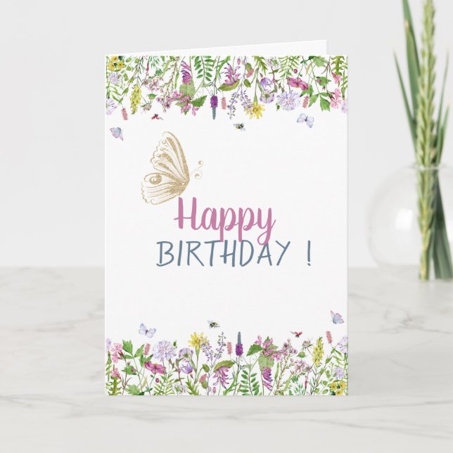 Chic Meadow Gold Glitter Butterflly Birthday Card (Front)