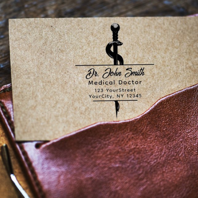 Chic Medical Asclepius Script Name Return Address Rubber Stamp (Creator Uploaded)