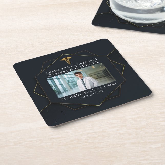 Chic Medical School Photo Black Graduation Party Square Paper Coaster (Angled)