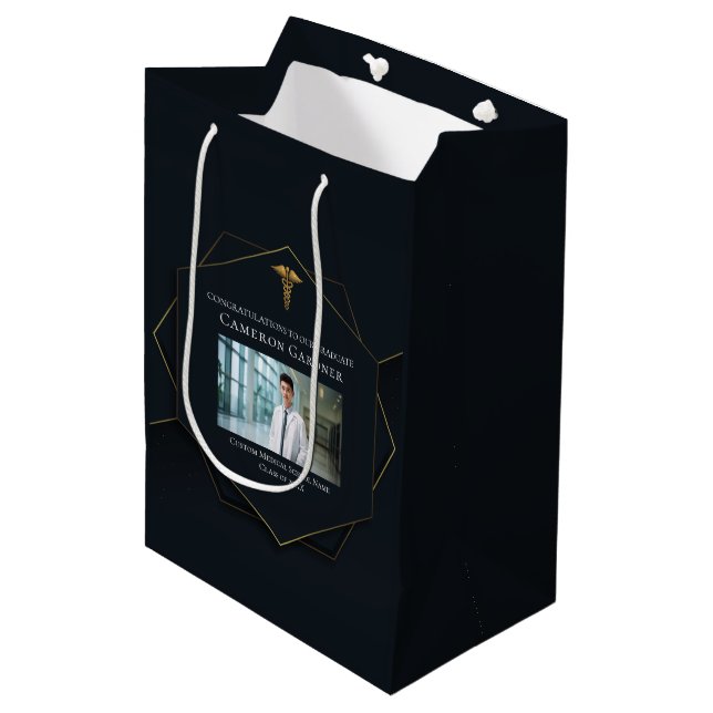 Chic Medical School Photo Graduation Black Gold Medium Gift Bag (Front Angled)