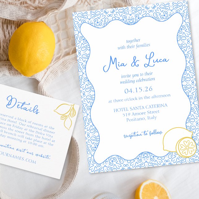 Chic Mediterranean Lemon Blue Tile Italian Wedding Invitation (Luxe Italian wedding invitation featuring a lemon detail, perfect for a Mediterranean celebration.)