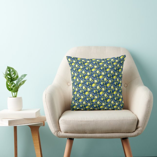Chic Mediterranean Rustic Lemons Blue Leaf Cushion (Chair)