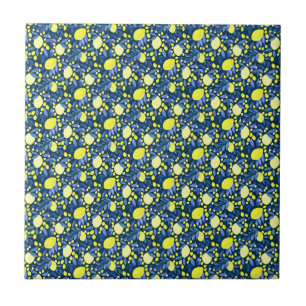 Chic Mediterranean Rustic Lemons Blue Leaf Tile