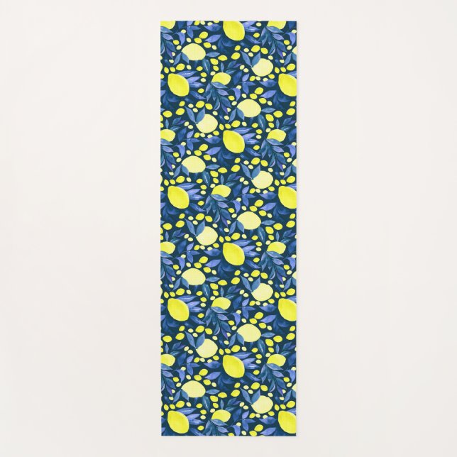 Chic Mediterranean Rustic Lemons Blue Leaf Yoga Mat (Front)
