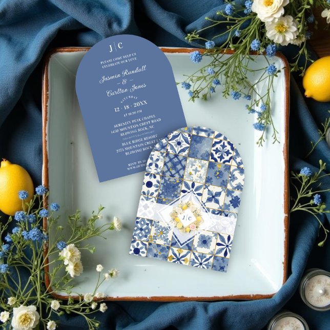 Chic Mediterranean Tiles Monogram Lemons & Flowers Invitation (Chic Mediterranean Tiles Monogram Lemons & Flowers Wedding Invitation Cards with Initials.)
