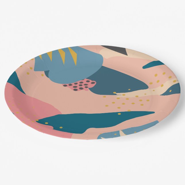 Chic Memphis Style Abstract Gold Pink & Teal Party Paper Plate (Angled)