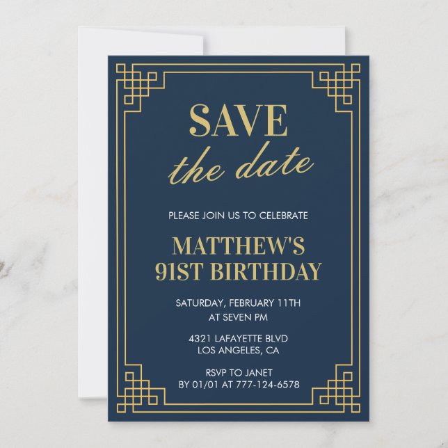 Chic Men Save the date 91st birthday Invitation (Front)