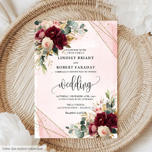 Chic merlot blush gold roses wedding invitation