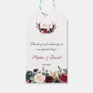 Chic Merlot Navy Blue Floral Antlers Wedding Gift Tags