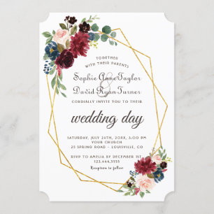 Chic Merlot Navy Blue Floral Gold Frame Wedding Invitation