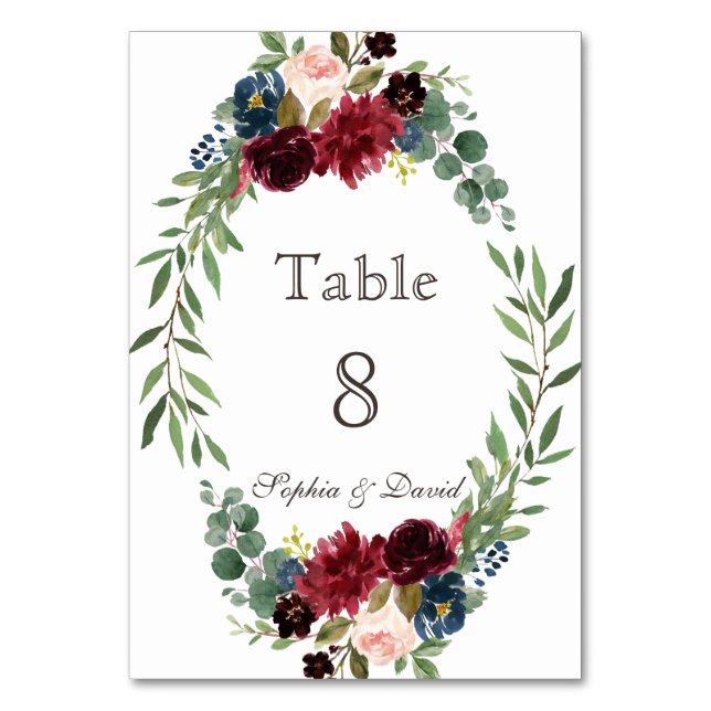 Chic Merlot Navy Blue Floral Table Number (Front)