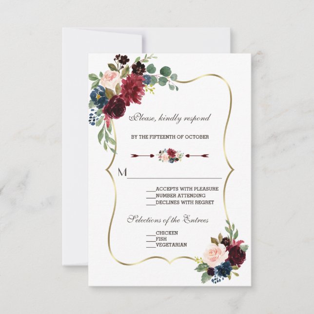 Chic Merlot Navy Blue Floral Wedding RSVP Card (Front)