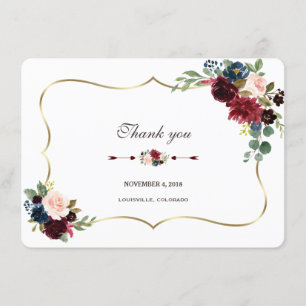 Chic Merlot Navy Blue Floral Wedding Thank you Invitation