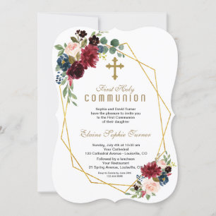 Chic Merlot Navy Floral Gold Frame Holy Communion Invitation