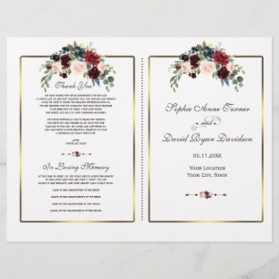 Chic Merlot Navy Floral Gold Frame Wedding Program