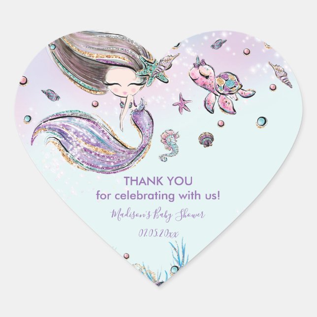 Chic Mermaid Birthday Baby Shower Thank You Favour Heart Sticker (Front)