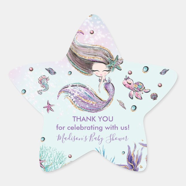 Chic Mermaid Birthday Baby Shower Thank You Favour Star Sticker (Front)