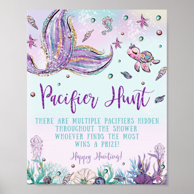  Chic Mermaid Pacifier Hunt Baby Shower Game Sign (Front)