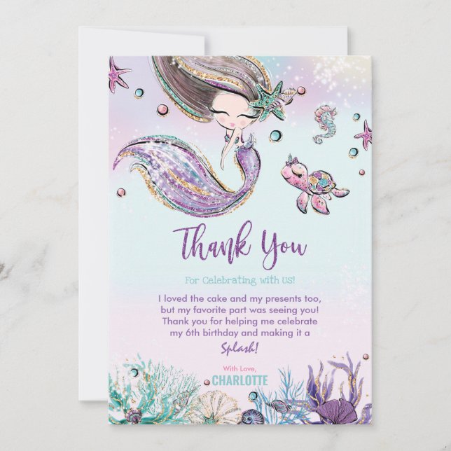 Chic Mermaid Under the Sea Birthday Baby Shower Thank You Card (Front)