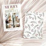 Chic Merry and Bright Four Photo Holiday Card<br><div class="desc">An elegant and chic holiday card featuring a script lettering saying “merry and bright” and four customisable photos at the front with watercolor cherries and leaves pattern at the back. Perfect as a personalised Christmas holiday card to send to your family,  friends and loved ones.</div>