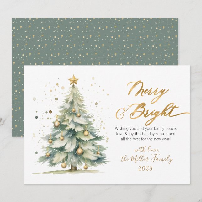 Chic Merry and Bright Gold Script Christmas Tree Holiday Card (Front/Back)