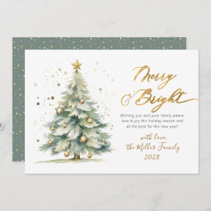 Chic Merry and Bright Gold Script Christmas Tree Holiday Card