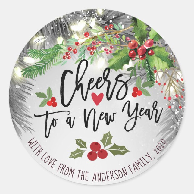 Chic Merry Christmas Cheers to A New Year Greeting Classic Round Sticker (Front)