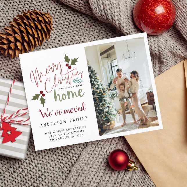 Chic Merry Christmas From New Home Photo Moving Announcement Postcard (Creator Uploaded)